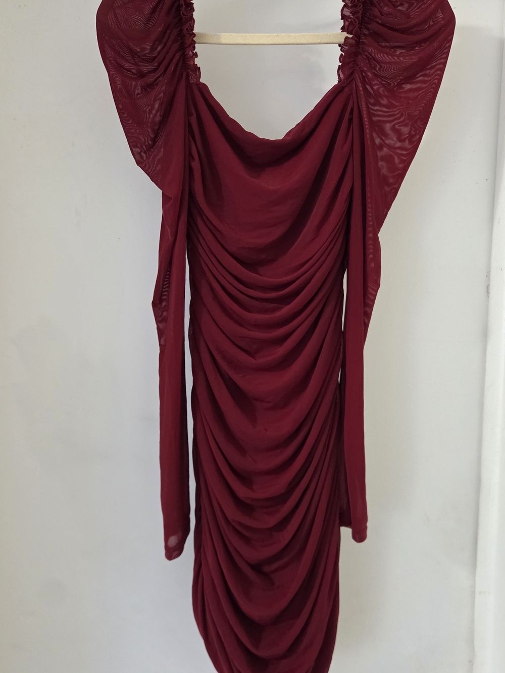 Club L London Wanderer Burgundy Mesh Ruched Draped Midi Dress Size L